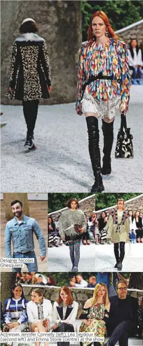  ?? Photos by AFP, Reuters and AP ?? Designer Nicolas Ghesquiere Actresses Jennifer Connelly (left), Lea Seydoux (second left) and Emma Stone (centre) at the show.