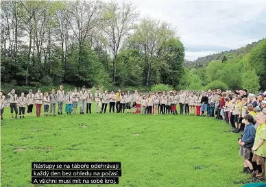  ??  ?? Nástupy se na táboře odehrávají každý den bez ohledu na počasí. A všichni musí mít na sobě kroj.