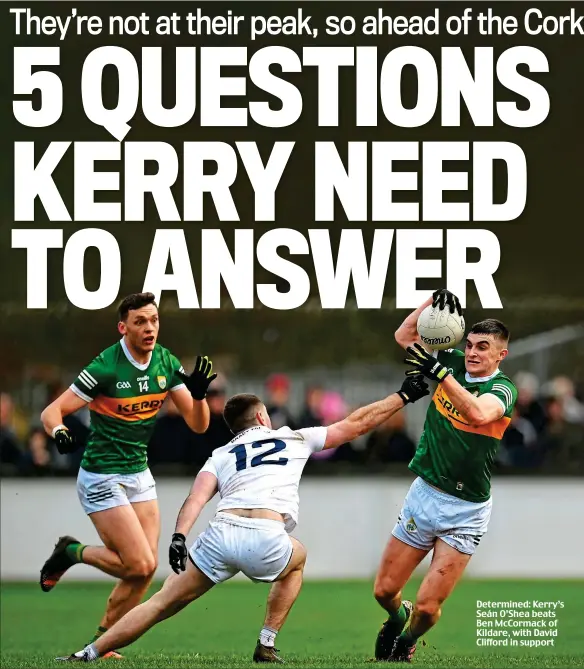  ?? ?? Determined: Kerry’s Seán O’Shea beats Ben McCormack of Kildare, with David Clifford in support