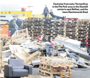  ??  ?? Clockwise from main: The bonfires in the Pitt Park area; in the Shankill estate in west Belfast, and the
lower Newtownard­s Road