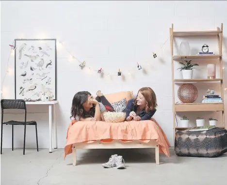  ??  ?? Local designers say bedding is the easiest way to transform a dorm room and the selections are limitless, such as the fun range at Bedface.ca. Small pieces of furniture, like poofs or stools, are great for when friends come over — and don’t forget to...