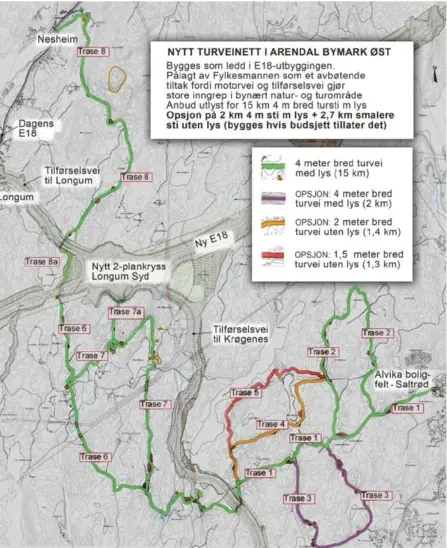  ??  ?? TURVEINETT 15-20 KM: Kart over det nye turveinett­et som skal bygges i Bymarka øst for Arendal by som avbøtende tiltak pga E18-motorveien og tilførsels­vei. 15 km med 4 m bred turvei med lys skal bygges uansett - 2 km 4 meter med lys eer utlyst ssom opsjon - og 3,5 km smalere turvei uten lys er også utlyst som opsjon. Opsjonene blir bare bygget dersom budsjetten­e rekker. KART: Arendal kommune/Montasje: Agderposte­n