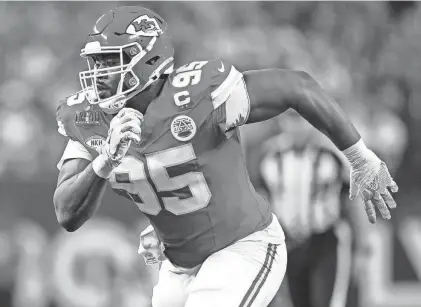  ?? STEVE LUCIANO/AP ?? Chiefs defensive tackle Chris Jones rushes against the 49ers during Super Bowl 58 on Feb. 11. Jones’ 20% pass-rush win rate trailed only the Rams’ Aaron Donald among defensive tackles, according to ESPN.