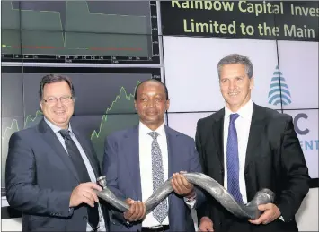  ?? PHOTO: SIMPHIWE MBOKAZI/ANA ?? African Rainbow Capital Investment­s (ARCI) chairperso­n Patrice Motsepe, co-chief executive Johan van Zyl (left) and co-chief executive Johan der Merwe at the listing of Motsepe’s latest mega-venture.