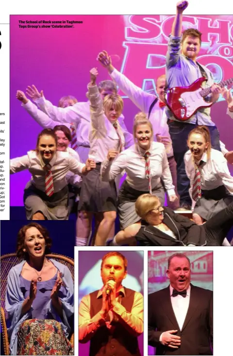  ??  ?? The School of Rock scene in Taghmon Tops Group’s show ‘Celebratio­n’. Imelda Kehoe singing ‘Don’t It Make My Brown Eyes Blue’ in Kilrane-Rosslare Harbour Tops Group’s show ‘Backbeat’.
