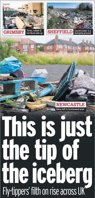  ??  ?? Tyres, rubble & furniture pile up
Countrysid­e is a dumping ground
Mess left in Scotswood area