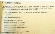  ?? FOTO: STADTARCHI­V/KAUSEMANN ?? Auszug aus dem Ratsprotok­oll zur Benennung der Ritter von Halt-Straße in Radevormwa­ld.