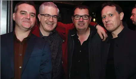  ??  ?? DJ set from Mike Joyce, former drummer of Manchester legends The Smiths in partnershi­p with thirty three-45 at The Living Room, Sarsfields as part of Drogheda Arts Festival 2018. Pictured here Cormac Bohan, Bernard Mohan, Tony Campbell and Stephen Mohan.