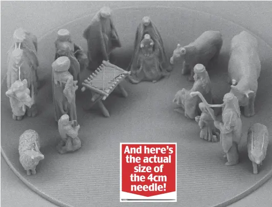  ??  ?? Invisible to the naked eye: Sculptures from the nativity scene, shrunk smaller than human cells using laser technology