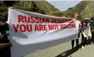  ?? Photograph: Shakh Aivazov/AP ?? A protest organised by the Georgian political party Droa at the Verkhny Lars border with Russia in September.