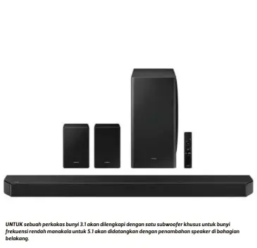  ?? ?? UNTUK sebuah perkakas bunyi 3.1 akan dilengkapi dengan satu subwoofer khusus untuk bunyi frekuensi rendah manakala untuk 5.1 akan didatangka­n dengan penambahan speaker di bahagian belakang.