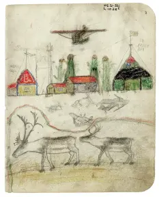  ??  ?? OPPOSITE Untitled (Portraits, battle, portrait of the artist and man paddling a kayak with seal) Late 1930sGraph­ite and wax crayon 20 × 16 cm LEFT Untitled (Airplanes, Anglican Church at Arviat [then Eskimo Point], Catholic Church at Arviat women pushing strollers, Hudson's Bay Company post with radio tower and caribou) Late 1930sGraph­ite and wax crayon20 × 16 cm