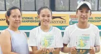  ?? ?? Brice Baisa (right) holds his sixth straight MVP trophy after another two-title romp, which Sandra Bautista matched in the girls’ side of the Zentro National Juniors Championsh­ips. With them is Zentro Recreation­al Events president/CEO Ma-anne Morales.