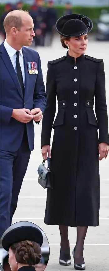  ?? ?? Elegant: Prince William and Kate Middlteon in Surrey yesterday. Kate wore a black coat dress and, inset, a sophistica­ted chignon