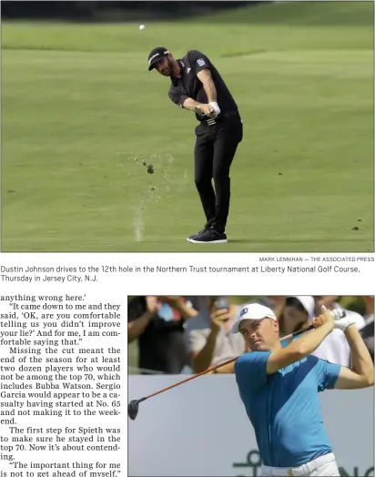  ?? MARK LENNIHAN — THE ASSOCIATED PRESS ?? Dustin Johnson drives to the 12th hole in the Northern Trust tournament at Liberty National Golf Course, Thursday in Jersey City, N.J.