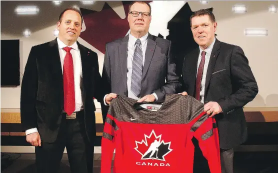  ?? DEAN PILLING ?? Hockey Canada senior manager Shawn Bullock, head scout Brad McEwen and president Scott Smith announce the players invited to the junior team camp on Wednesday.