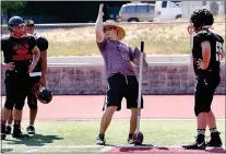  ?? FILE PHOTO ?? New Los Gatos High School principal Dave Poetzinger is seen in 2018 working with his linemen at San Lorenzo Valley High, where he was head football coach as well as an assistant principal and an English teacher. Poetzinger hopes his eclectic background will help him connect with Los Gatos students.