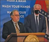  ?? (Arkansas Democrat-Gazette/Thomas Metthe) ?? Arkansas Secretary of Health Dr. Jose Romero, speaking Friday at the state Capitol, said Arkansans still should get vaccinated, wear masks and socially distance despite mandates becoming guidelines.