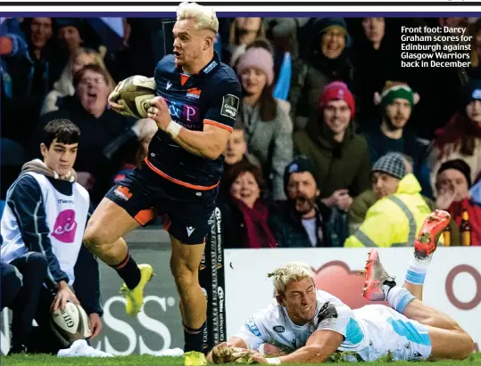  ??  ?? Front foot: Darcy Graham scores for Edinburgh against Glasgow Warriors back in December