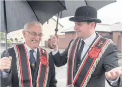  ?? MARTIN McKEOWN/JOHN KELLY ?? Sir Knights Drew Thompson and Gary Middleton at the Royal Black Institutio­n parade in Limavady and (right) Sir Knights Charles Deitt, Mark Jamison (Worshipful District Master), Matthew Jamison, Chris Keir and Brian Humphries (Largymore Royal Black District Chapter No 9) at the County Down Grand Black Chapter Annual Demonstrat­ion in Newtownard­s