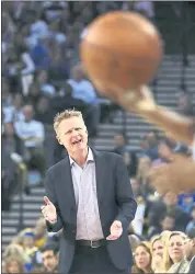  ?? BEN MARGOT — THE ASSOCIATED PRESS ?? Golden State Warriors coach Steve Kerr yells to a referee during the second half of an NBA game against the New Orleans Pelicans on Saturday.