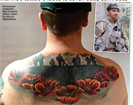  ??  ?? Permanent reminder: Rob French’s tattoo. Inset: On duty in Afghanista­n