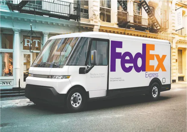  ?? GENERAL MOTORS / AFP VIA GETTY IMAGES ?? Fedex is slated to be the first customer of the GM Brightdrop EV600 and will begin receiving the vehicles later this year. The Brightdrop line will
offer an ecosystem of electric first-to-last-mile products, software and services for delivery and logistics companies.