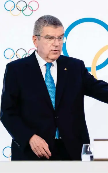  ?? Associated Press ?? Thomas Bach, Internatio­nal Olympic Committee president, speaks during a press conference after the executive board meeting in Lausanne on Wednesday.