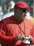  ?? CHRIS O’MEARA — THE ASSOCIATED PRESS FILE ?? Buccaneers head coach Bruce Arians calls a play during a practice on Tuesday in Tampa, Fla. The Buccaneers make their preseason debut under Arians, the latest coach to take a crack at ending the team’s long playoff drought, on Friday.