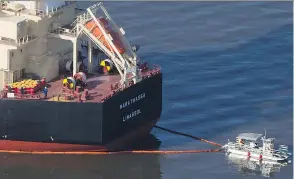  ?? THE CANADIAN PRESS/ FILES ?? It’s been a year since the MV Marathassa spilled 2,700 litres of bunker fuel into Burrard Inlet, and the city says fears about oil spills continue to loom.