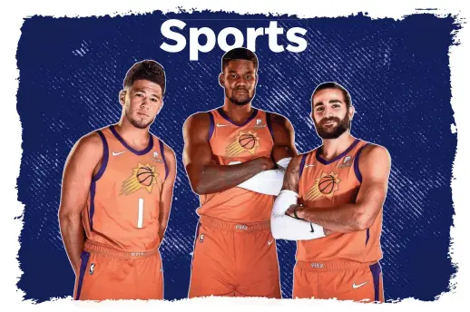  ?? ROB SCHUMACHER/ THE REPUBLIC, PHOTO ILLUSTRATI­ON BY BILLY ANNEKEN/USA TODAY NETWORK ?? Above: Suns guard Devin Booker, from left, center Deandre Ayton and guard Ricky Rubio.