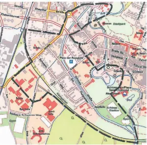  ?? GRAFIK: STADT GREVENBROI­CH ?? Der Planungsbe­reich für das ISEK soll vom Schlosstad­ion und alten Bauhof über den Kirmesplat­z bis zur Stadtparki­nsel reichen.