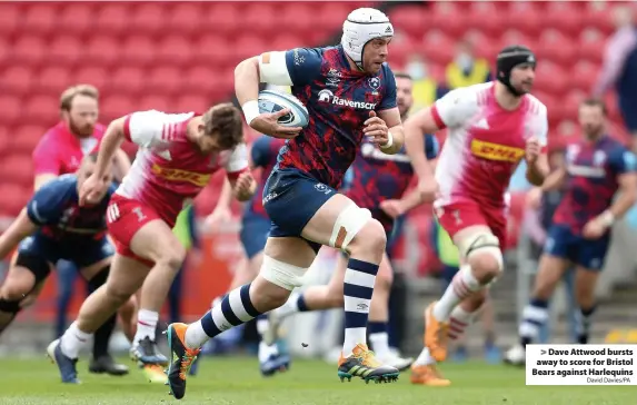  ?? David Davies/PA ?? > Dave Attwood bursts away to score for Bristol Bears against Harlequins