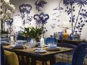  ??  ?? OKA’s Kraak blue and white porcelain is modeled after Ming and Qing Dynasty patterns.