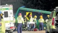  ?? FAIRFAX NZ ?? The scene of a crash between a passenger bus and a four-wheel-drive ute near Roxburgh on Wednesday. The driver of the ute has died.