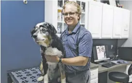  ?? ?? Dr. Michael Watts examines Beamer, an Australian Shepherd at his practice, Clevengers Corner Veterinary Care.