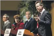  ?? Hayne Palmour IV San Diego Union-Tribune ?? DEMOCRATIC candidates John Chiang, Delaine Eastin, Antonio Villaraigo­sa and Gavin Newsom.