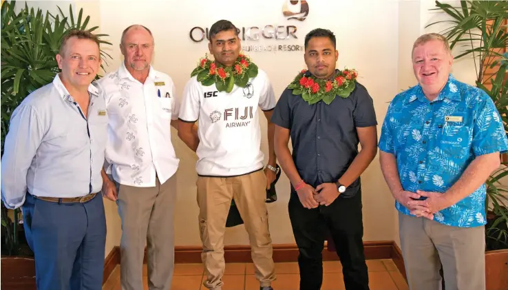  ?? Photo: Outrigger Fiji Beach Resort ?? From left: Outrigger Fiji Beach Resort general manager Darren Shaw, executive assistant manager Lindsay Palmer, the award-winning chefs Muni Vikash Chetty, Navneet Reddy and Resort manager Russell Blaik.