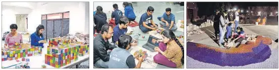  ?? DEEPAK GUPTA/HT PHOTOS ?? (L-R) Students of Indian Institute of Management-Lucknow unpacking the Rubik’s cubes for the mosaic; plan the assembly as per the design on the computer and making a portrait of whistleblo­wer Shanmugam Manjunath on his 10th death anniversar­y here on...