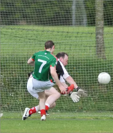  ??  ?? Ian Cusack of Glen Emmets scores a goal as Ronan Lynch attempts to save for Naomh Malachi.