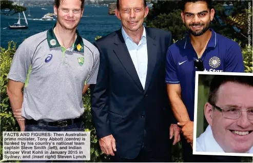  ??  ?? FACTS AND FIGURES: Then Australian prime minister, Tony Abbott (centre) is flanked by his country’s national team captain Steve Smith (left), and Indian skipper Virat Kohli in January 2015 in Sydney; and (inset right) Steven Lynch