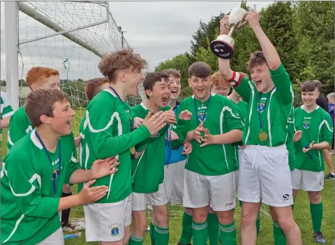  ??  ?? Wicklow Rovers celebrate as they lift the WDSL U14/U15 Challenge Cup after defeating Arklow Celtic. Photo: Paul Messitt