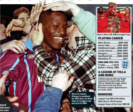  ?? PA ?? Hero to many: Ehiogu is mobbed by Villa fans on their way to League Cup success in 1994