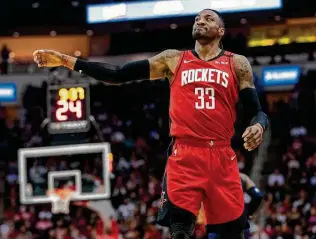  ??  ?? Robert Covington was averaging 12.8 points, 7.9 rebounds and 2.5 blocks since the Rockets acquired him in February as part of a deal that ultimately saw Clint Capela go to the Hawks.