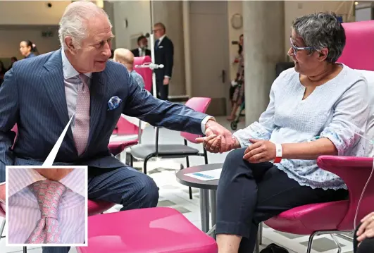  ?? ?? Dressed to impress: King Charles meeting patients at the Macmillan Cancer Centre, wearing his famed pink tie