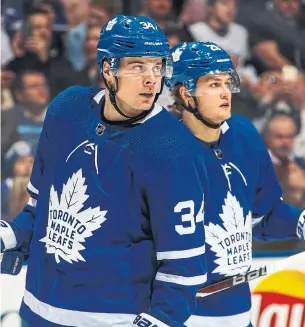  ?? KEVIN SOUSA GETTY IMAGES ?? The Maple Leafs’ Auston Matthews, left, has only one goal over his last 12 games, while William Nylander has scored just one goal in 19 games since returning from his contract impasse.
