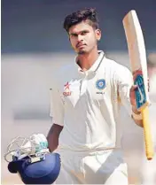  ?? PIC/PTI ?? India A player Shreyas Iyer celebrates his double century during a warm-up match against Australia in Mumbai on Sunday