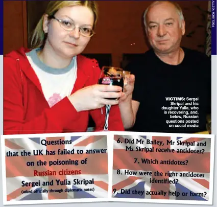  ??  ?? VICTIMS: Sergei Skripal and his daughter Yulia, who is recovering, and, below, Russian questions posted on social media