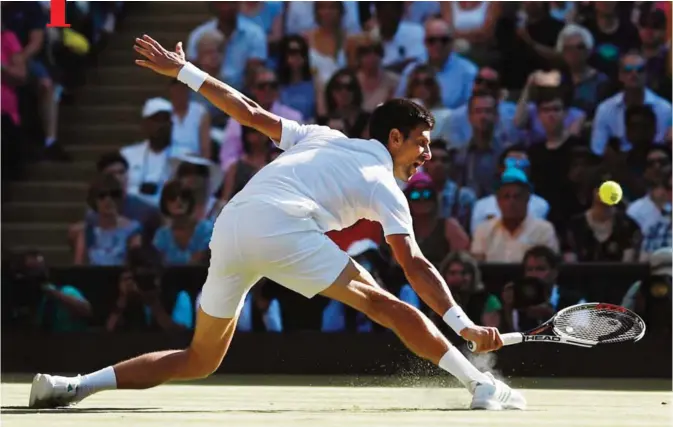  ?? —AFP ?? WIMBLEDON: Serbia’s Novak Djokovic returns against Latvia’s Ernests Gulbis during their men’s singles third round match on the sixth day of the 2017 Wimbledon Championsh­ips at The All England Lawn Tennis Club in Wimbledon, southwest London, yesterday.