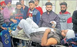  ?? AP ?? One of the injured in the grenade explosion at the Nirankari Bhawan being treated at a hospital in Amritsar on Sunday.